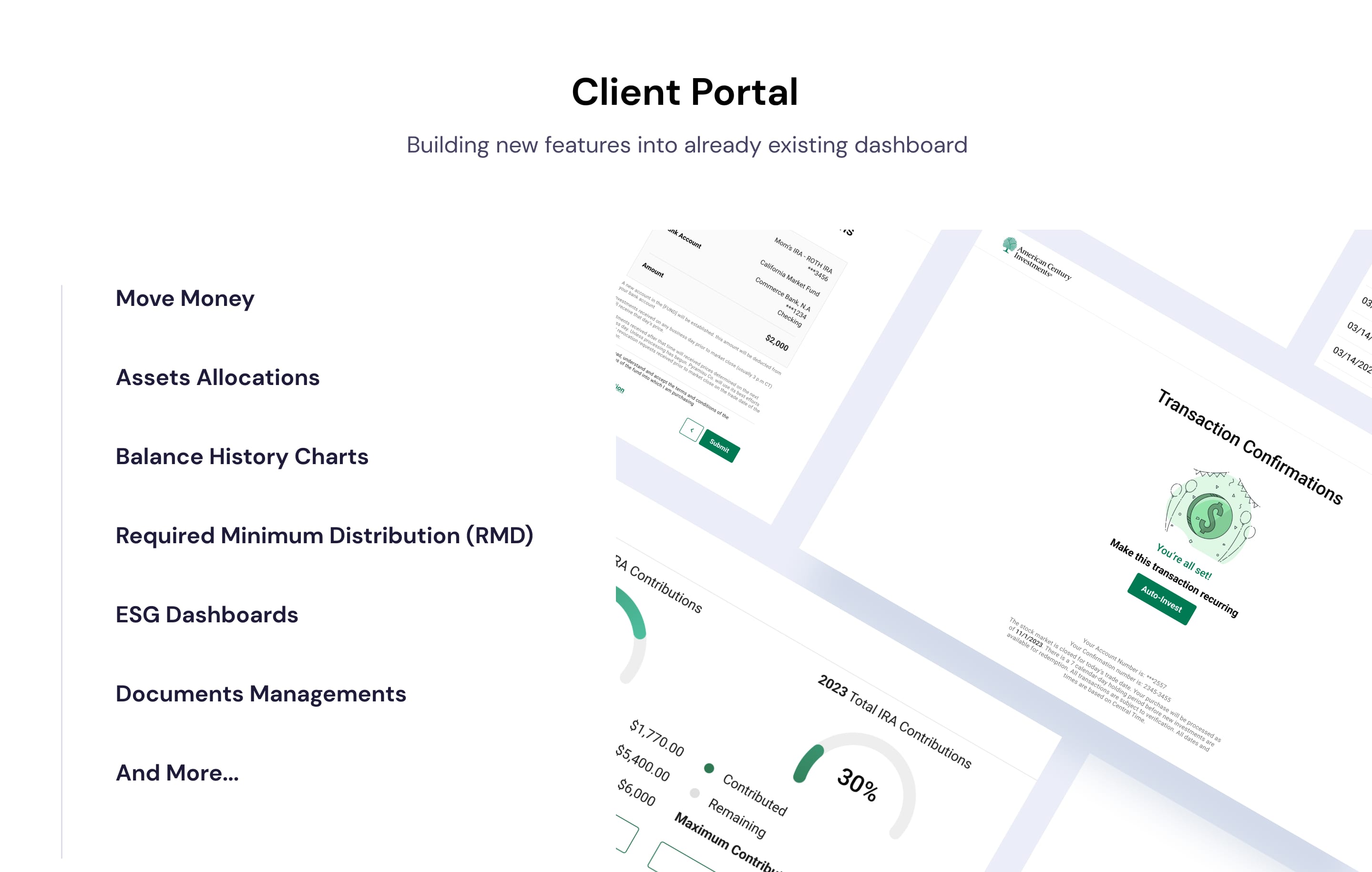 Client Portal feature inventory and dashboard mocks